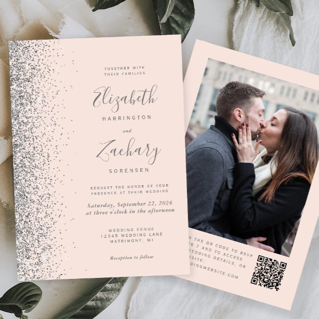 Convite Casamento Código QR Foto Brilho Rosa Bege Prata (Criador carregado)