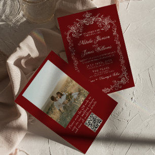 Convite Casamento Código QR Foto Burgundy Vintage Dinheiro
