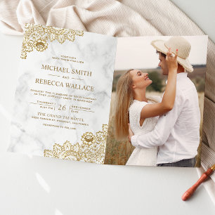 Convite Casamento Código QR Foto de Renda e Mármore Branco