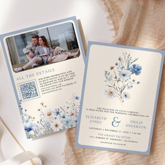 Convite Casamento Código QR Foto Flor Silvestre Boho Azul  (Criador carregado)