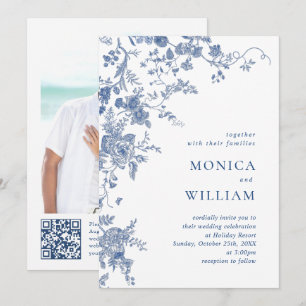 Convite Casamento Código QR Foto Floral Azul Vitoriano Fra
