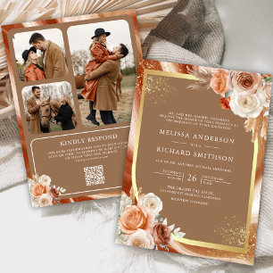 Convite Casamento Código QR Foto Floral Bege Terracota Dou