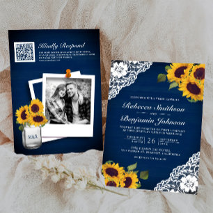 Convite Casamento Código QR Foto Girassol com Renda de Mad
