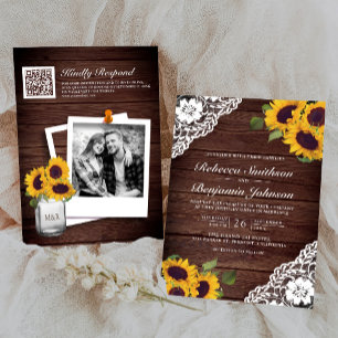 Convite Casamento Código QR Foto Girassol de Renda de Made