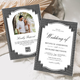 Convite Casamento Código QR Foto Listrada Preto e Branco