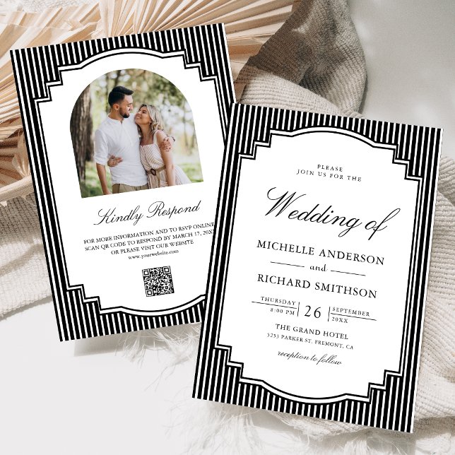 Convite Casamento Código QR Foto Listrada Preto e Branco (Criador carregado)
