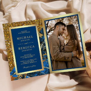 Convite Casamento Código QR Foto Mármore Azul Real Dourado