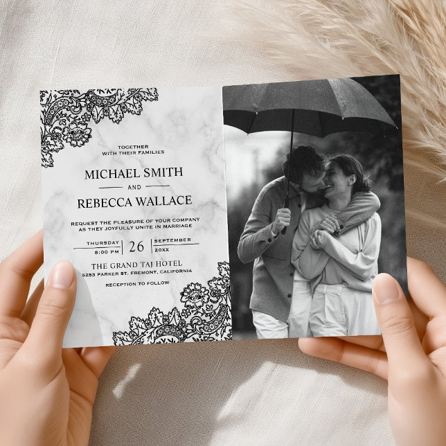Convite Casamento Código QR Foto Mármore Branco e Renda Pr (Criador carregado)
