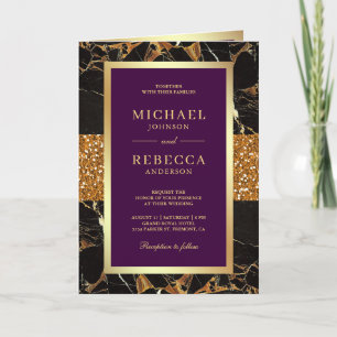 Convite Casamento Código QR Foto Mármore Dourado Roxo Real