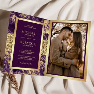 Convite Casamento Código QR Foto Mármore Dourado Roxo Real
