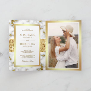 Convite Casamento Código QR Foto Mármore Ouro Branco