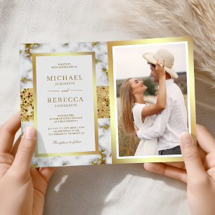 Convite Casamento Código QR Foto Mármore Ouro Branco