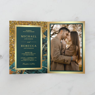 Convite Casamento Código QR Foto Mármore Verde Dourado