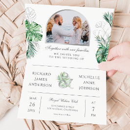 Convite Casamento Código QR Foto Palma Prateada Tropical