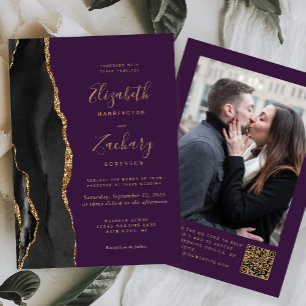 Convite Casamento Código QR Foto Roxo Ágata Ouro Preto