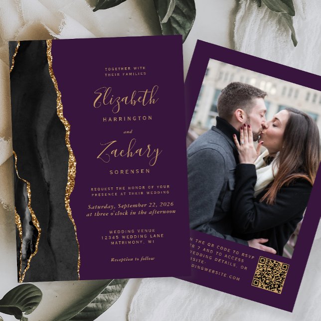 Convite Casamento Código QR Foto Roxo Ágata Ouro Preto (Criador carregado)