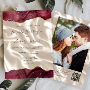 Convite Casamento Código QR Foto Seda Marfim Ágata Borgonh