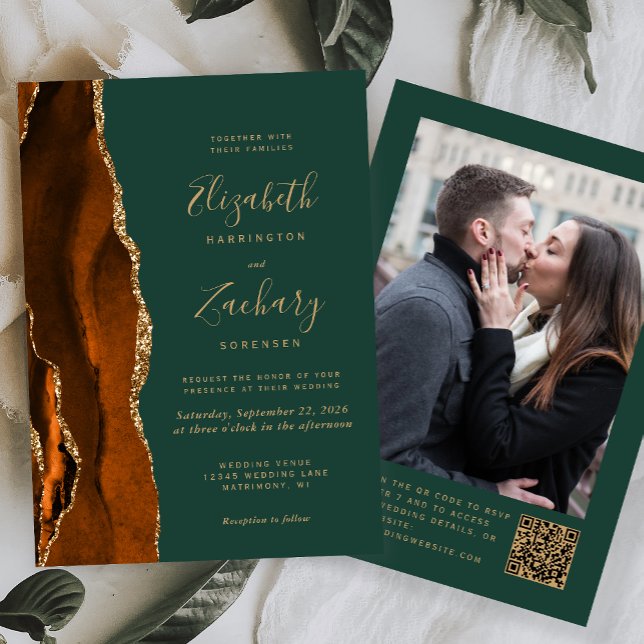 Convite Casamento Código QR Foto Verde Ágata Laranja Queim (Criador carregado)