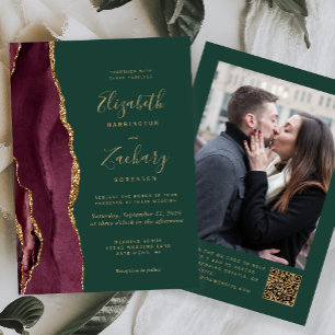 Convite Casamento Código QR Foto Verde Ágata Vermelho Borg