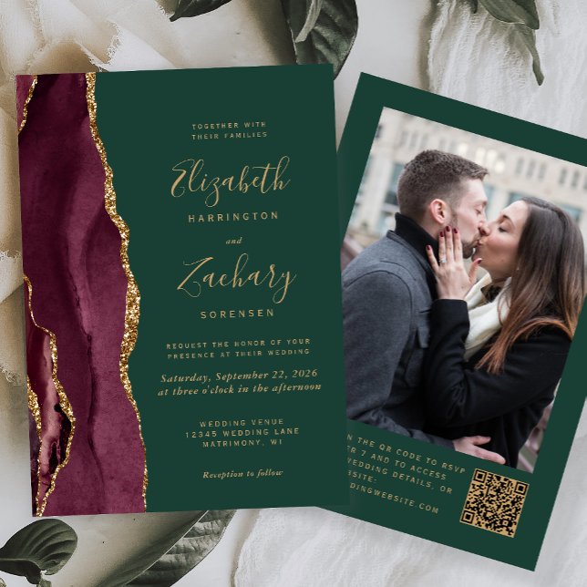 Convite Casamento Código QR Foto Verde Ágata Vermelho Borg (Criador carregado)