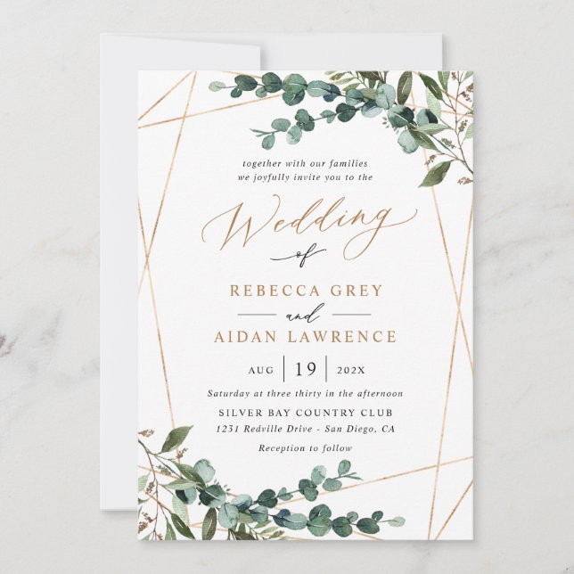 Convite Casamento Código QR Geométrico Dourado Tudo-em-Um  (Frente)
