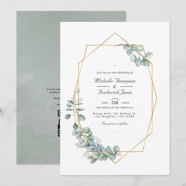 Convite Casamento Código QR Geométrico Eucalipto Sage Prat (Frente/Verso)