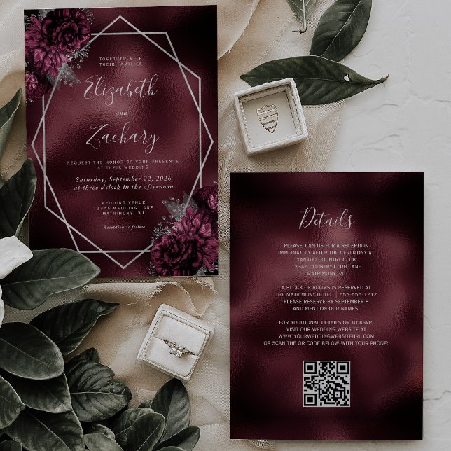 Convite Casamento Código QR Geométrico Prata Floral Borgon (Criador carregado)