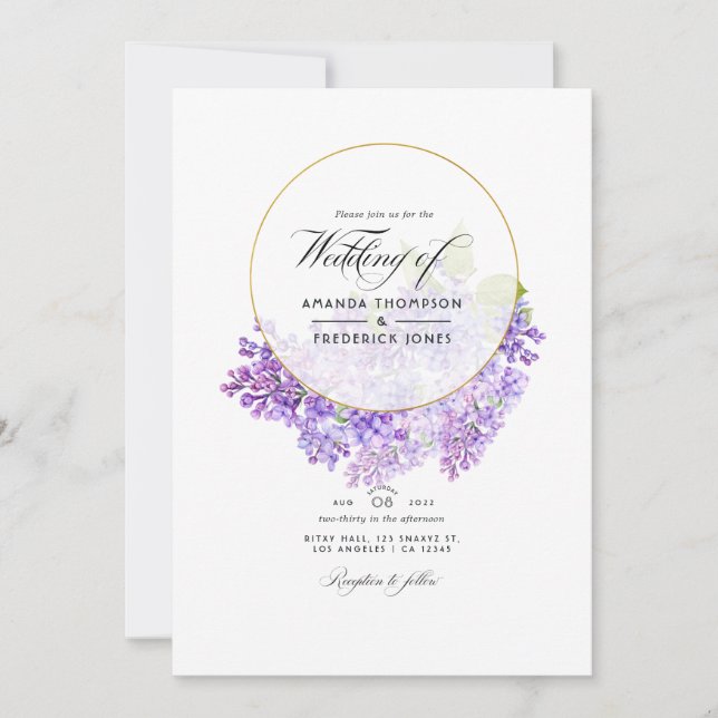 Convite Casamento Código QR Geométrico Violeta & Dourado H (Frente)