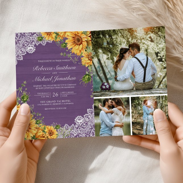 Convite Casamento Código QR Girassóis Rústicos Lavanda Mad (Criador carregado)