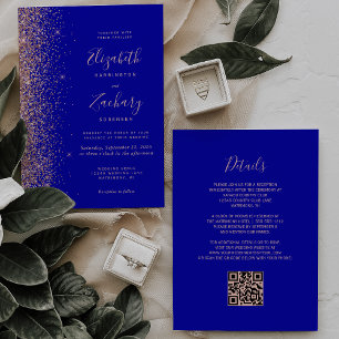 Convite Casamento Código QR Glitter Azul Real Dourado Rosa