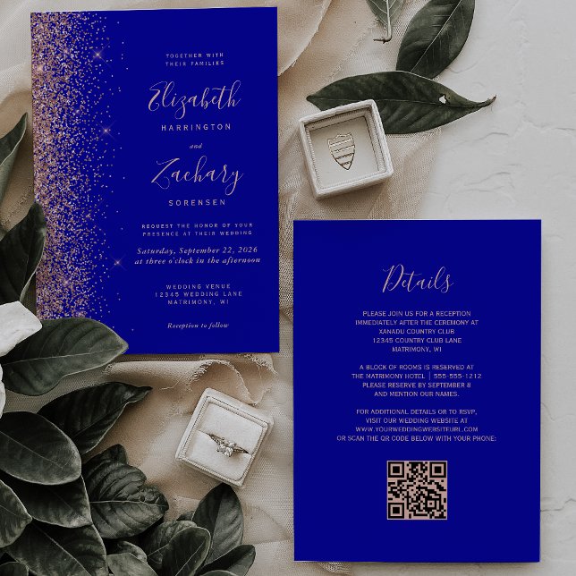 Convite Casamento Código QR Glitter Azul Real Dourado Rosa (Criador carregado)
