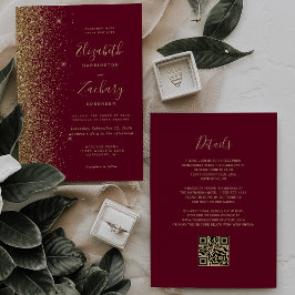 Convite Casamento Código QR Glitter Dourado Vermelho Borgo