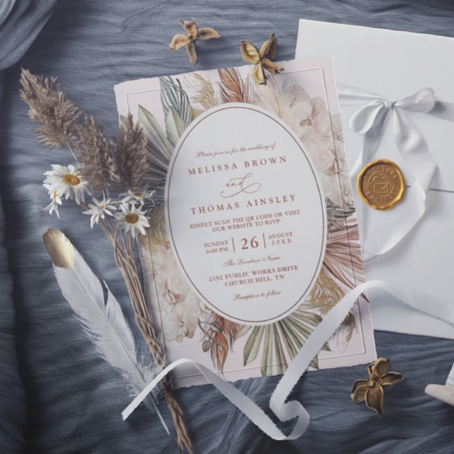 Convite casamento código qr grama de pampas verde boho mod (Criador carregado)