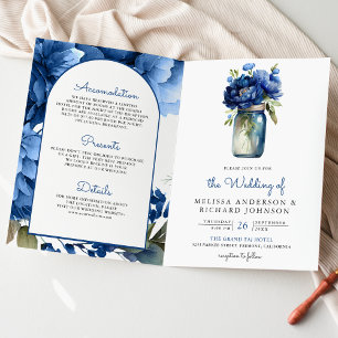 Convite Casamento Código QR Jar de Pedreiro Floral Azul Re