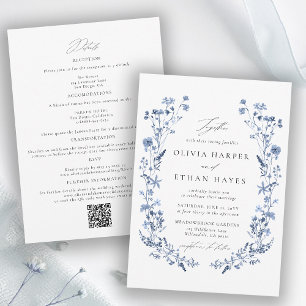 Convite Casamento Código QR Jardim Floral Azul de Flores S