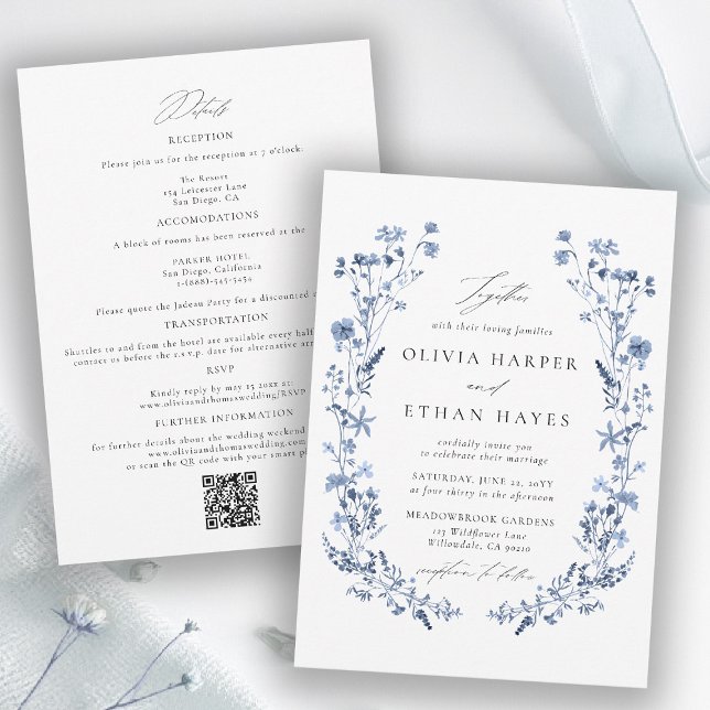 Convite Casamento Código QR Jardim Floral Azul de Flores S (wildflower wedding theme blue invitation watercolor garden backyard barn summer spring all in one qr)