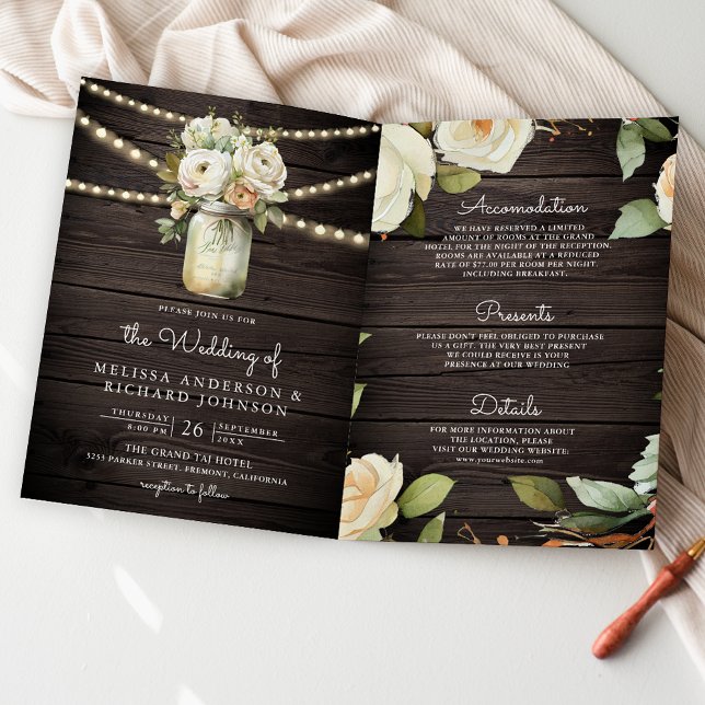 Convite Casamento Código QR Jarro de Mason Rosas Brancas M (Criador carregado)