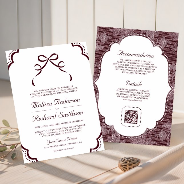 Convite Casamento Código QR Laço Coquete de Renda Branca B (Criador carregado)
