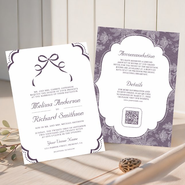 Convite Casamento Código QR Laço Coquete de Renda Roxo e B (Criador carregado)