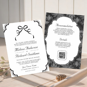 Convite Casamento Código QR Laço Coquete em Preto e Branco