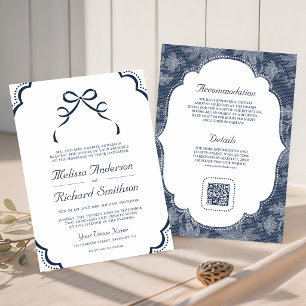 Convite Casamento Código QR Laço Coquette Azul Marinho Bra