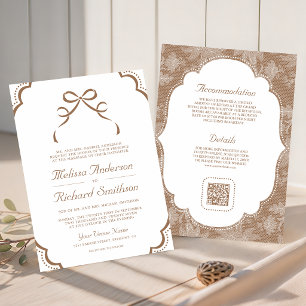 Convite Casamento Código QR Laço Coquette Bege Bege Branco