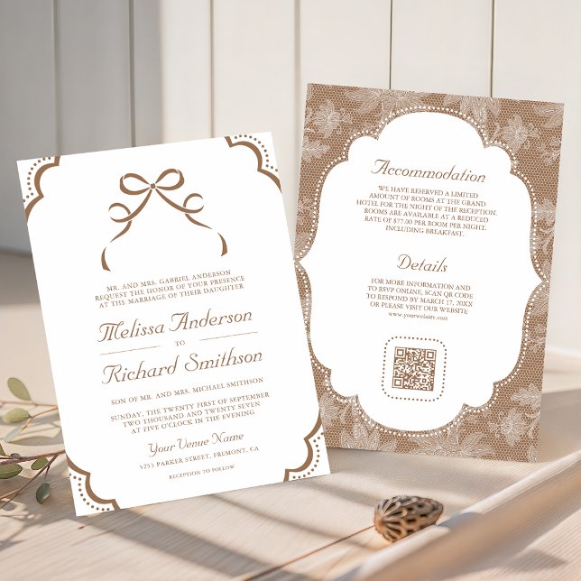 Convite Casamento Código QR Laço Coquette Bege Bege Branco (Criador carregado)