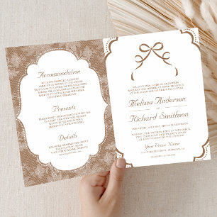 Convite Casamento Código QR Laço Coquette Bege Bege Branco