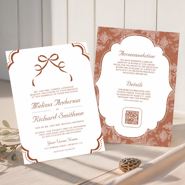 Convite Casamento Código QR Laço Coquette Branco Terracota (Criador carregado)