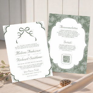 Convite Casamento Código QR Laço Coquette Verde Sage Branc