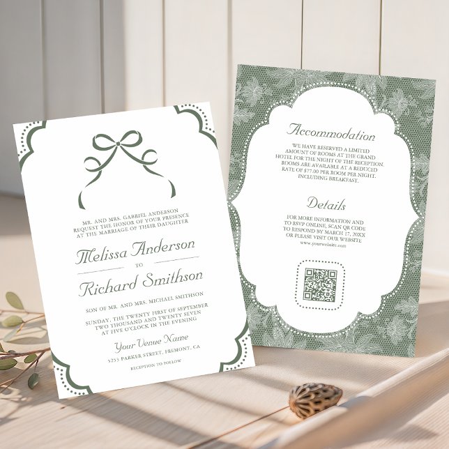 Convite Casamento Código QR Laço Coquette Verde Sage Branc (Criador carregado)