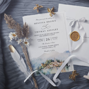 Convite Casamento Código QR Lago Como Itália Aquarela Eleg