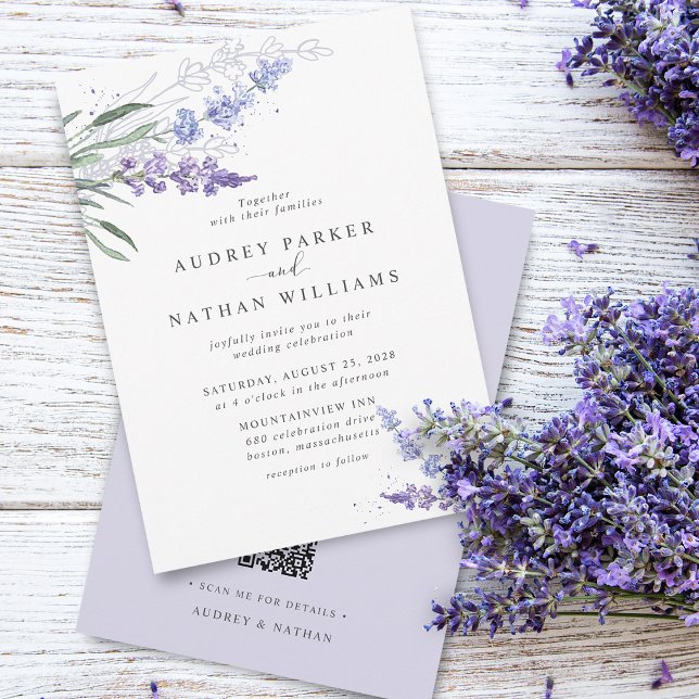 Convite Casamento Código QR Lavanda Aquarela Romântica (Romantic Watercolor Lavender QR Code Wedding Invitation)