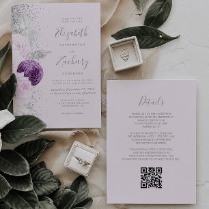Convite Casamento Código QR Lilás Brilho Prata Floral Roxo